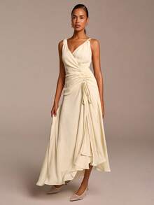 COSMINA Đầm chiffon thanh lịch dành cho nữ, cổ chữ V, không tay, thắt eo, đa năng cho kỳ nghỉ, đám cưới, phong cách bohemian, mùa xuân. - Màu be - Xem 5