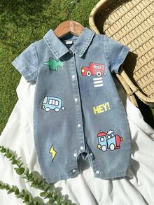 SHEIN Vintaside Kids 男婴卡通汽车恐龙印花短袖连体衣，夏季 - 藍色 - 查看 3