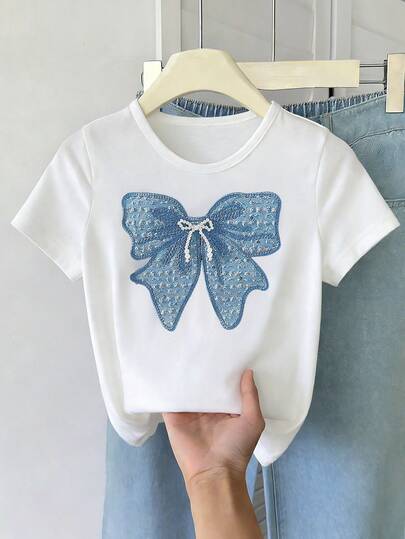 Genkimix Kids Girls' Casual Sweet Round Neck Short Sleeve Fitted Butterfly Print Versatile T-Shirt Girl Bow Shirt Girls Casual Printed Crew Neck Short Sleeve T Shirt Bows Bow T-Shirt Girls Short Sleeve Tee