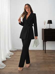 EURMUSE WOMEN ELEGANT SUIT SET WITH BELT DETAILED - Black - View 1