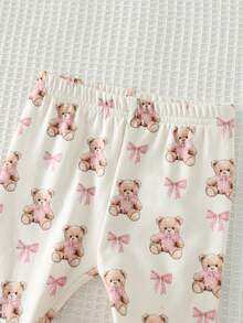 Cozy Pixies 新生女宝宝卡通熊图案针织柔软圆领长袖上衣和松紧腰裤两件套 - 粉色 - 查看 3