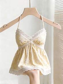 Franclia Áo kiểu nữ mùa hè phối họa tiết, khoét rỗng, thêu jacquard, cổ yếm, hở lưng. - Màu vàng - Xem 3