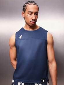 PLAYBOY X SUMWON Logo Regular Fit Tank Top With Back Text Detail Sleeveless Crew Neck Summer Casual Streetwear - Blue - View 1