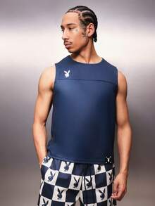 PLAYBOY X SUMWON Logo Regular Fit Tank Top With Back Text Detail Sleeveless Crew Neck Summer Casual Streetwear - Blue - View 5