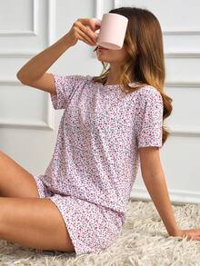 SHEIN Women Floral Printed 2 Pieces Pajama Set - Pink - View 6
