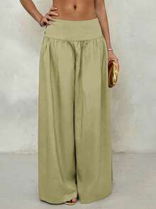 SHEIN PETITE 复古低腰阔腿裤，飘逸显瘦休闲长裤，秋季女装返校季阔腿裤，橄榄绿阔腿裤，夏季阔腿裤，宽松阔腿裤，沙滩度假，夏季 - 綠色 - 查看 3