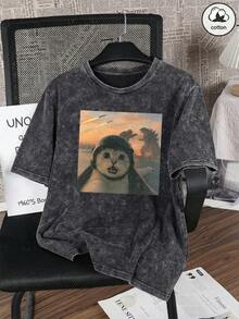 SHEIN Unity Áo thun nữ mùa hè dáng suông, họa tiết mèo ngộ nghĩnh, cổ tròn, chất liệu denim bạc màu, in hình quái vật trong phim Monsters Battle. - màu đen - Xem 3