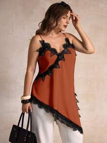 Elegantrix Plus Size Women Urban Casual Lace Asymmetric Hem V-Neck Patchwork Solid Color Camisole - Brown - View 3