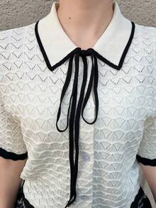 FRIFUL 女士撞色滚边前系结短袖轻薄开衫 - 米色 - 查看 3