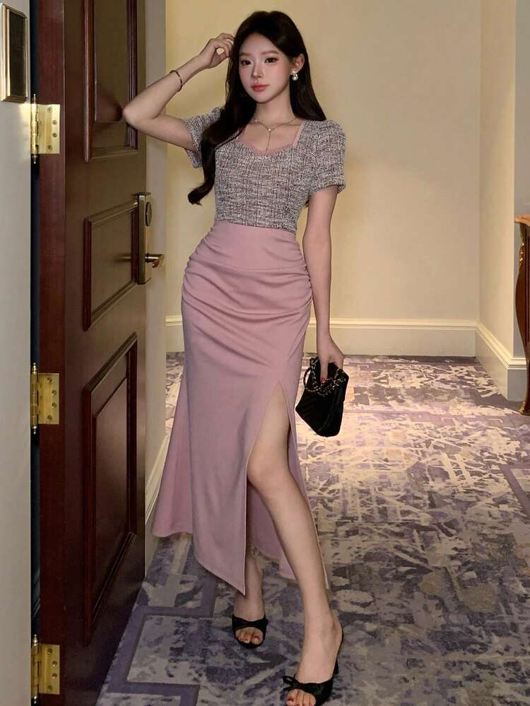 Women's Elegant Contrast Color Block Puff Sleeve Split Midi Dress, Summer,Wedding Guest Dress Women Sundress