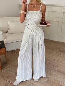 DAZY Striped Ruched Waist Cami Top & Wide Leg Pants Set - Beige - View 3