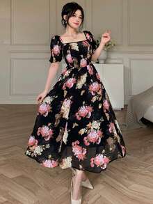 DAZY 法式花卉印花浪漫连衣裙，新款时尚夏季吊带裙 - 黑色 - 查看 5