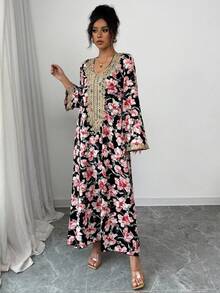 Al Najma 女士优雅拼接水溶蕾丝长袖连衣裙，秋季款 - 黑色 - 查看 5