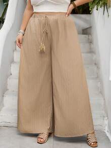 SHEIN CURVE+ Curve 尺码 US22 音乐节、海滨度假、波西米亚风女士纯色宽松长裤，休闲舒适 - 杏色 - 查看 5
