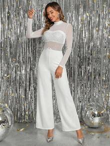 SHEIN Clasi Women's Elegant Party Sparkling Sexy Front Rhinestone Mesh Patchwork Long Sleeve Wide Leg Jumpsuit With Rhinestone Decor - White - View 6