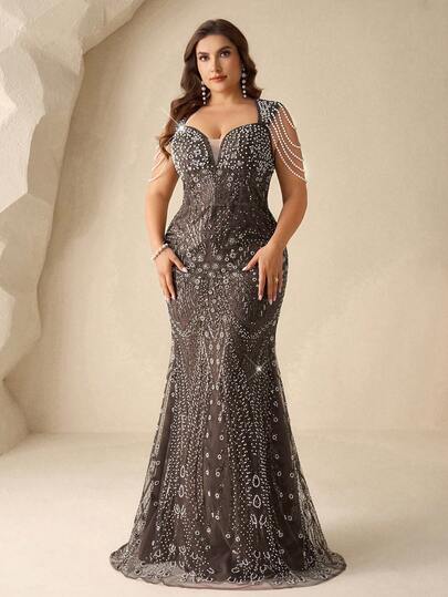 Coutiva Plus-Size Elegant And Luxurious Sequined Square Neck, Backless, Pearl Tassel Design, Mermaid Skirt Hem – A Formal Evening Gown Suitable For Wedding Guests, Graduation Ceremonies, And Opening Ceremonies