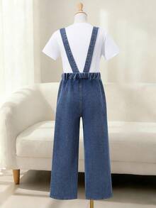 Tween Girls' Bow Print Jumpsuit,Straight Wide-Leg Blue White Suspender Style Denim Overalls For Summer,Casual,School,Back-To-School Outdoor Activities - Blue - View 3