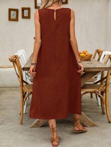 Breezaya Abito lungo da donna casual senza maniche con due tasche, ideale per vacanze e spiaggia - Arancia Bruciata - Visualizzare 2