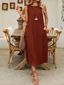 Breezaya Abito lungo da donna casual senza maniche con due tasche, ideale per vacanze e spiaggia - Arancia Bruciata - Visualizzare 3