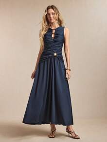 BizChic 新款春夏藏蓝色圆领连衣裙，饰有金属珠饰，镂空腰部设计，不对称褶皱下摆，不对称设计 - 寶藍色 - 查看 8