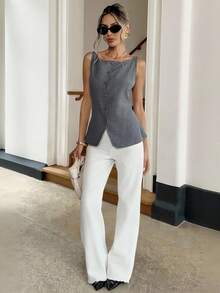 Siren Gaze Camiseta sin mangas con cuello cuadrado y botones frontales para mujer, de uso casual y para ir al trabajo - Marrón - Ver 2