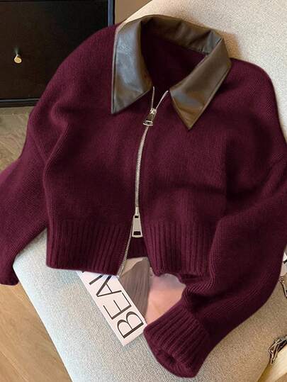 SHEIN Frenchy 复古拼接领短款开衫毛衣 - 2 色可选，女士秋冬服装，美拉德针织开衫，高端仿皮领双拉链针织开衫外套