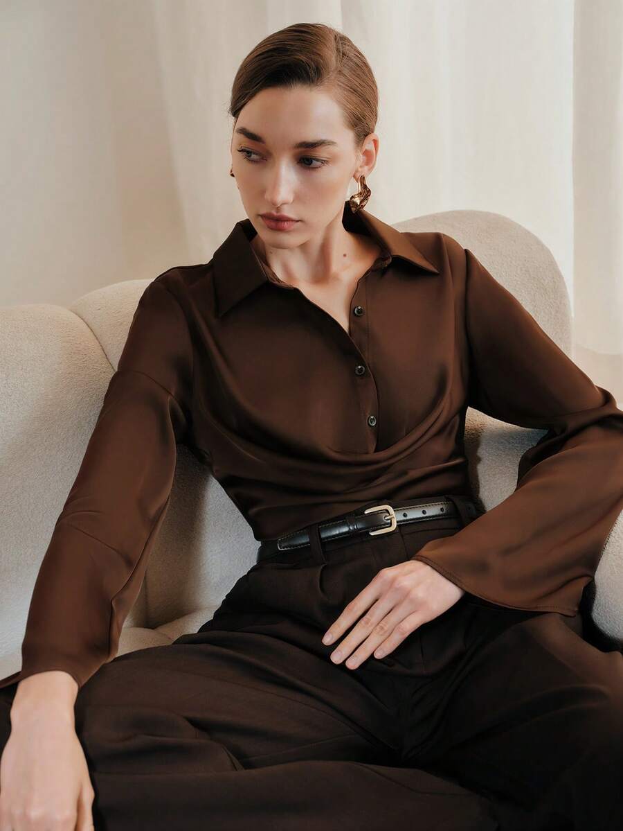 Anewsta Elegant Pleated Collar Design Long Sleeve Blouse, Fashionable, Versatile, Suitable For New Year, Spring, Summer, Valentine's Day, Party - Coffee Brown - View 1