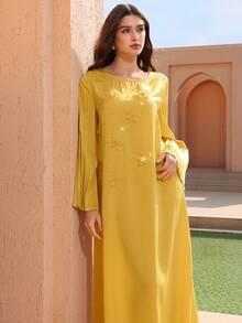 Graceveil Beaded Round Neck Pleated Design Long Sleeve Flared Satin Arabic Style Dress For Women - Yellow - View 5