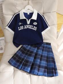 Set de 2 piezas: Blusa de cuello polo de manga corta y falda mini a cuadros, estilo escolar primavera/verano para adolescentes. Adecuado para la escuela, deportes o atuendos casuales. - Azul Marino - Ver 6