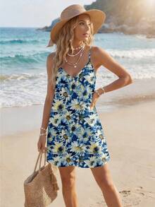 Sylviya Women's Summer Beach Vacation Sunflower Print Casual Mini Dress,Vacation - Multicolor - View 5