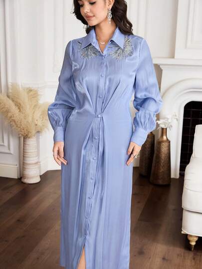 Al Najma 新款优雅褶皱腰身手工3D立体花卉褶皱收腰百搭正式衬衫裙