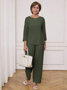 Miaspire Bộ đồ thể thao nữ gồm áo dài tay cổ tròn màu trơn và quần ống rộng. - Màu xanh lá cây đậm - Xem 3