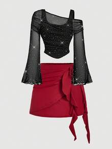 SHEIN MOD 复古宫廷红3D立体花朵荷叶边A字裙，适合花园茶会、约会、派对、女士春夏装、春假、度假、野餐、节日、生日、情人节、夏季、春假等场合。 - 紅色 - 查看 7