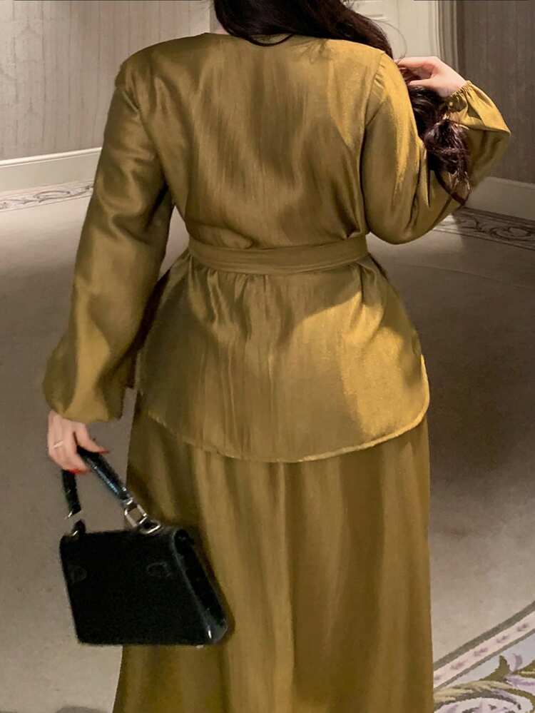 Dazy Plus Plus Size Women's Elegant Solid Color V-Neck Belted Shirt And A-Line Skirt 2-Piece Set, Spring/Summer Easter
