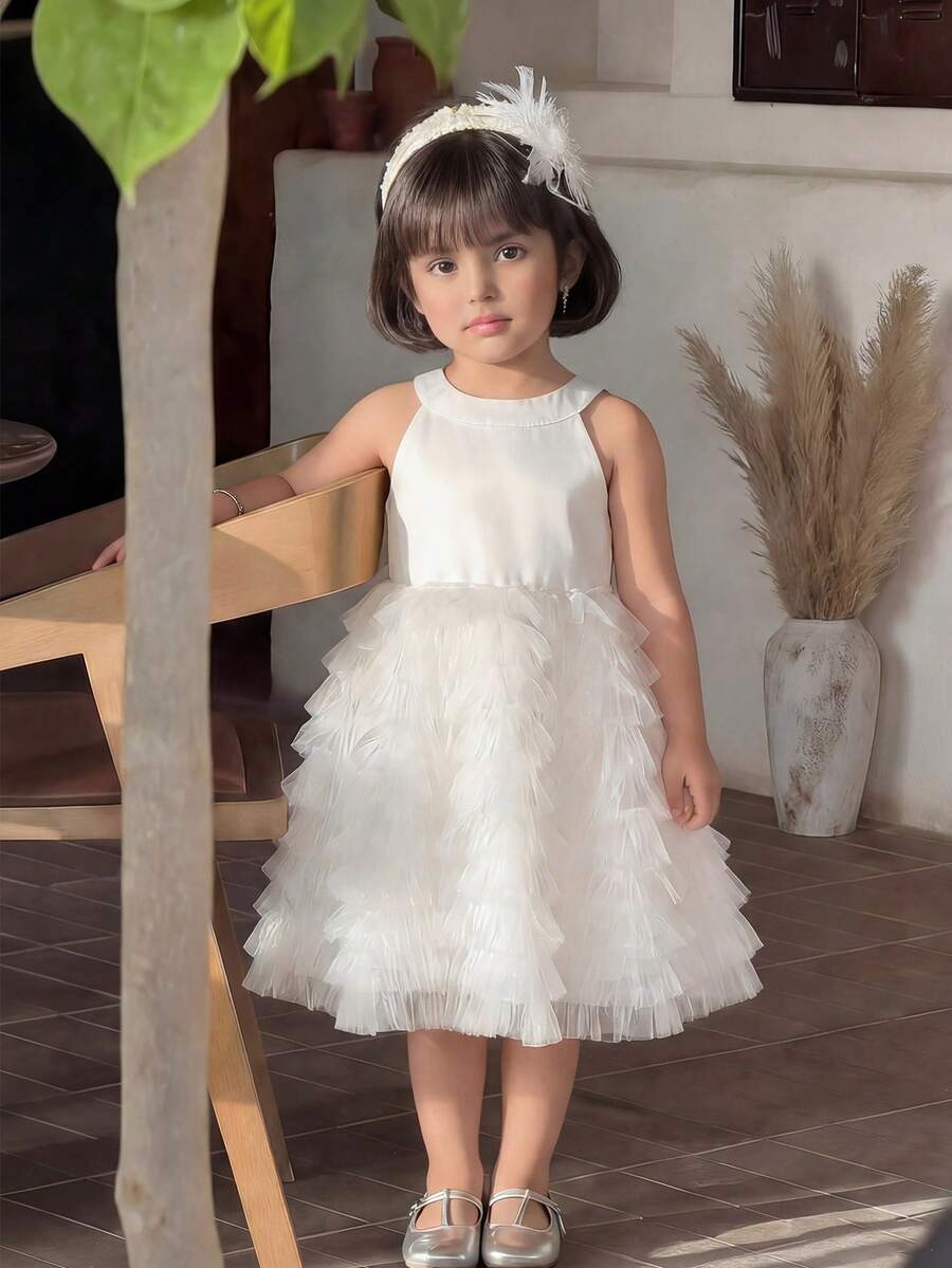 新款高端公主裙，儿童白色蝴蝶结蓬蓬裙 - 白色 - 查看 1