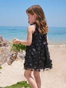 SHEIN Young Girl Mandarin Collar Mesh Cutout Loose Casual Dress - Black - View 3