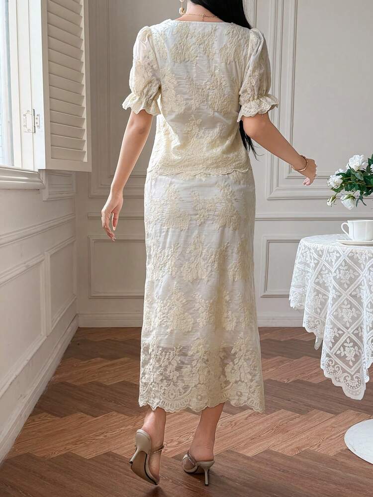 Women's Elegant Lace V-Neck Blouse And Straight Skirt 2 Pieces Set, Summer,Wedding Guest Dress Women