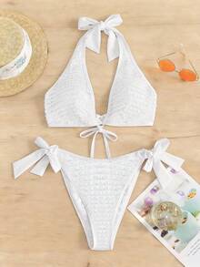 Sweetra Plus Size Women's Solid Color Halter Tie Sexy Bikini Swimsuit Set - White - View 1