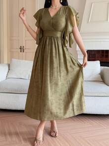 DAZY V-Neck Ruched Waist Flounce Sleeve Dress, Elegant Design, Slimming Effect Sundress - Khaki - View 3