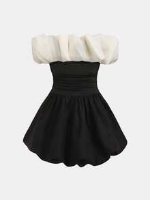 SHEIN Young Girl Elegant Off-Shoulder Color Block Lantern Hem Ruched Fitted Party Dress, Exaggerated Organza Ruffle, Black, Suitable For Wedding, Valentine's Day - Black - View 2