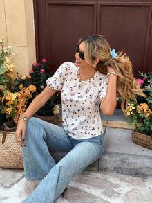 SHEIN Frenchy Blusa de verano casual de mujer con estampado floral diminuto y mangas con volantes con lazo en la espalda - Multicolor - Ver 4