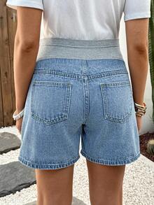 Pregnant Women's Patchwork Pocket Casual Versatile Daily Wear Denim Shorts Spring To Summer Carnival Costume Commuting Vacation Graduation Chic Y2k Cute Streetwear Party Wedding Elegant Business Casual Woman Comfortable Maternity Blue Denim Shorts With Stretchy Belly Band For Summer - Blue - View 2