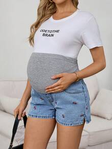 SHEIN Maternity Women's Cherry Embroidery Denim Shorts, Navy Blue Summer Casual Versatile Daily Patchwork Ribbed Belly Band Comfortable Chic Y2k Streetwear - Blue - View 6