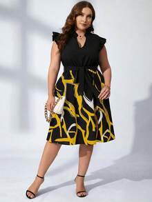 Chikora Plus Graphic Print Notched Neckline Ruffle Trim Belted Dress - Yellow - View 3