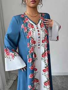 Al Najma 女士优雅V领印花阿拉伯风格连衣裙 - 霧霾藍 - 查看 6