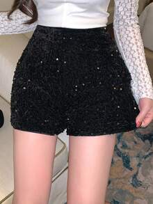 DAZY Women's Elegant Sequin Decorated Shorts, Spring/Summer - Black - View 8