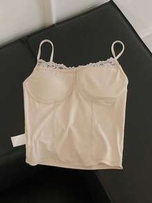 DAZY Lace Patchwork Camisole Top With Built-In Padded Bra For Women - Beige - View 9