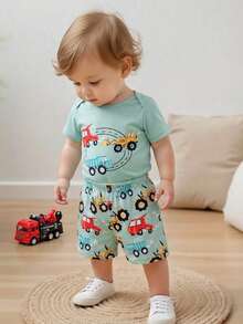 SHEIN Infant/Toddler Boys' Cute Cartoon Car Print Romper And Shorts Set, Spring/Summer - Green - View 9