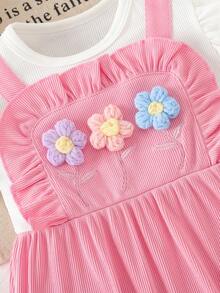 SHEIN Playful Pals 2pcs Baby Girls' Summer Fashion Cute 3D Floral Embroidery Ruffle Sleeve Green Romper & Hat Set - Pink - View 4