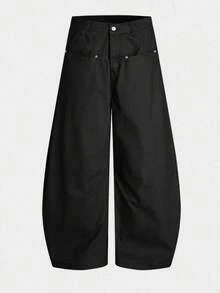 SWAVVY 男士纯色口袋休闲宽松阔腿裤 - 黑色 - 查看 6